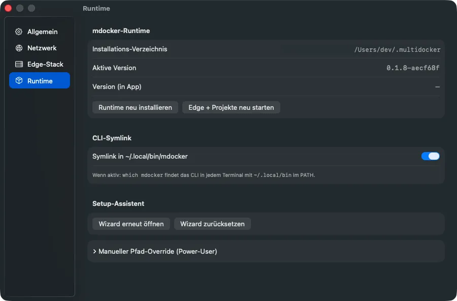 The Runtime section of MultiDocker settings, with install directory, active version, symlink toggle and wizard buttons.