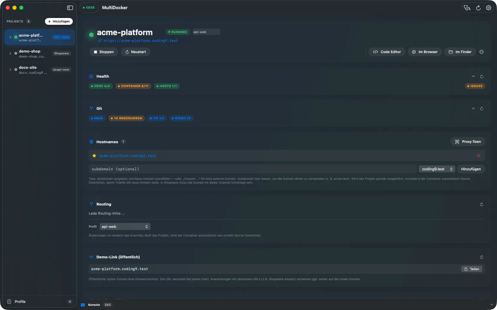 MultiDocker native macOS app: the project list on the left, and on the right the selected project with its live URL, health and git cards, hostnames and routing.