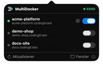 The MultiDocker menu bar popover: three projects with status dots, hostnames and start/stop toggles.