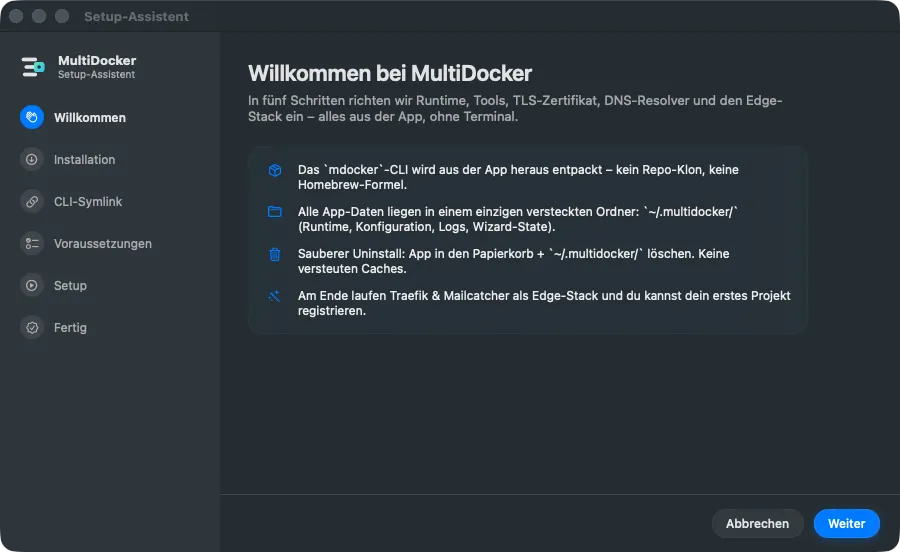 The MultiDocker setup wizard on its welcome step, with the six steps listed in the sidebar.
